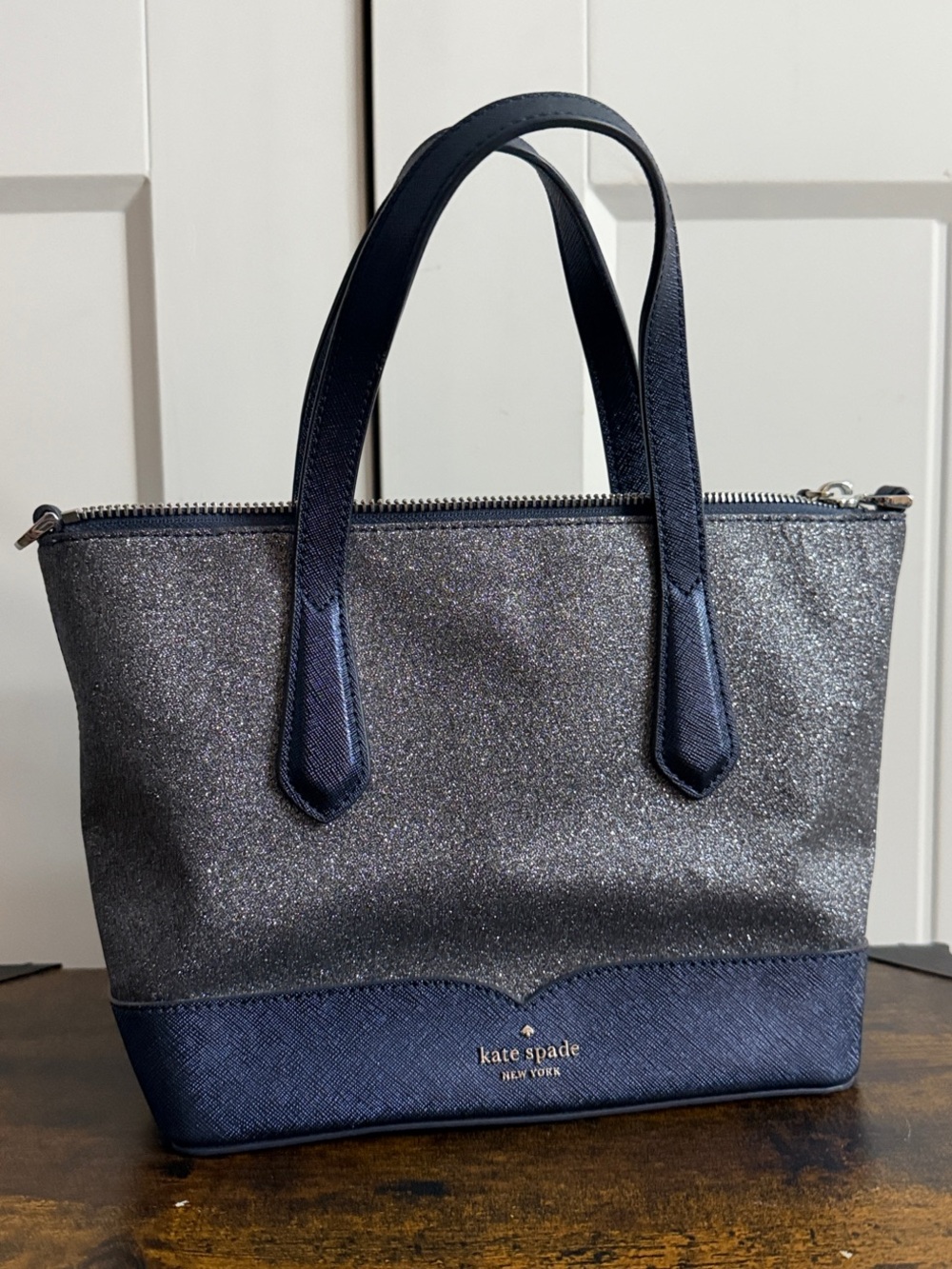 kate spade navy and silver glitter tote